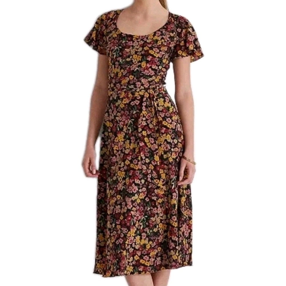 Lauren Ralph Lauren Dark Floral Crepe Midi Dress Flutter Sleeve Tie Waist Preppy